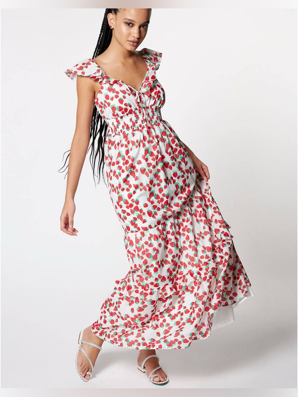 Betsey Johnson Strawberry Print Ruffle Maxi Dress Cotton Voile L NWT